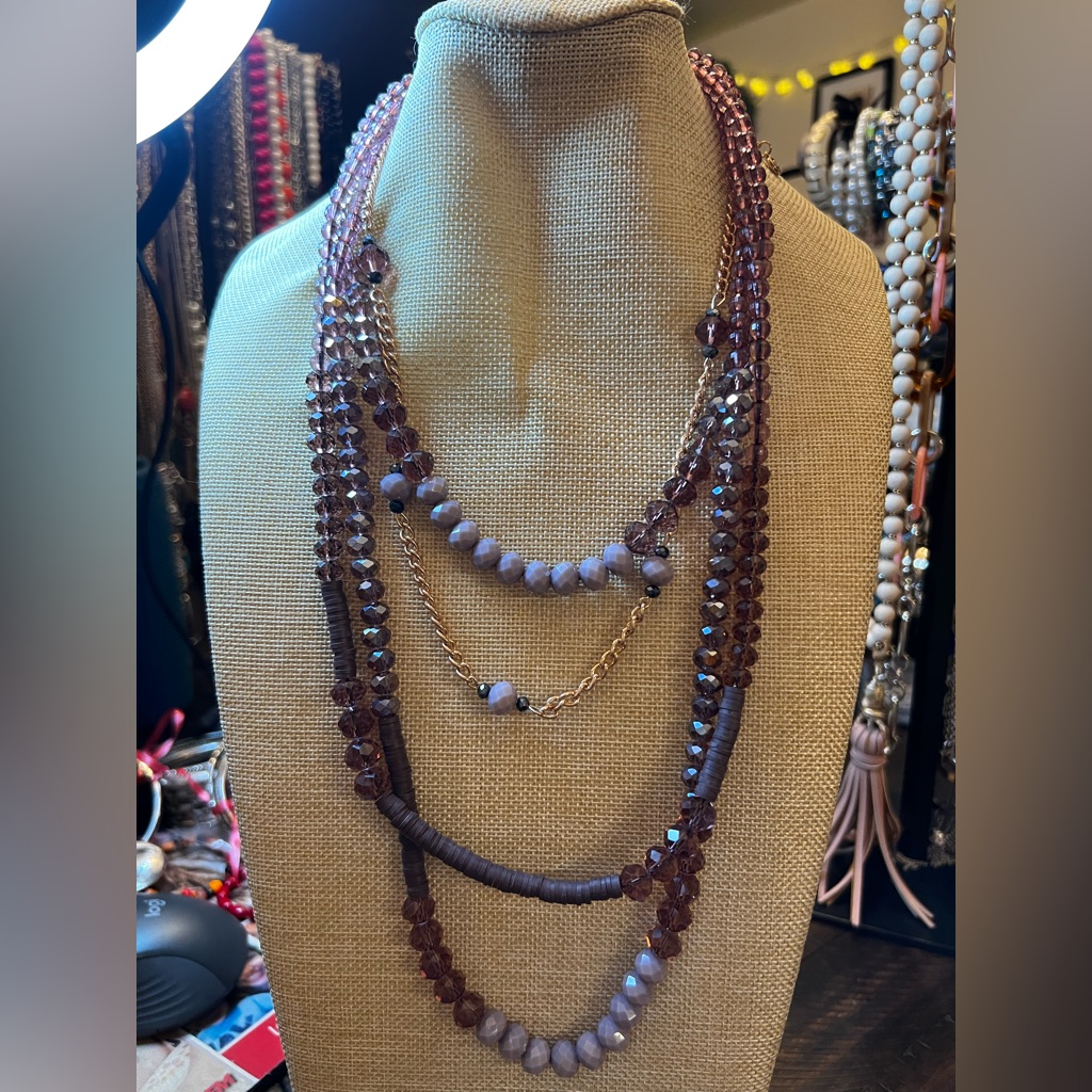 Vintage 1946 Multi-Strand Lavender And Gold-Tone Bead Necklace